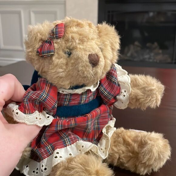 Vintage Russ Berrie, Beverly the Tan Bear From The Past Plush 10” Plaid Dress - Picture 8 of 8